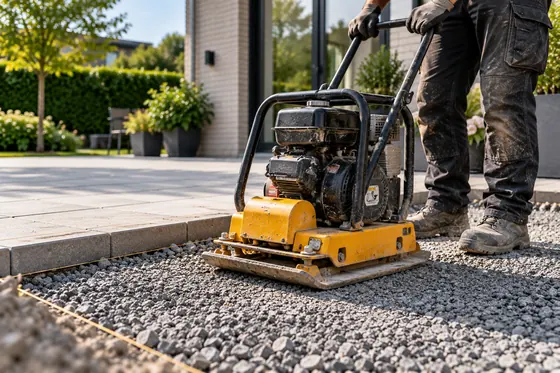 Pladevibrator komprimerer stabilgrus i lag ved moderne hus